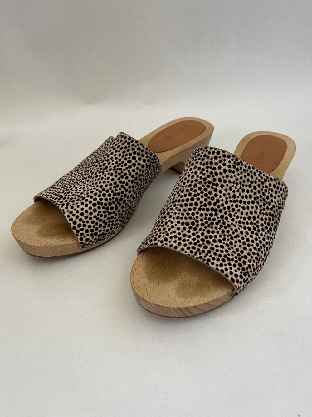 Madewell Clog Mule Sandals Womens 9 Spotted Calf Hair Wood Heel Slides Boho Chic